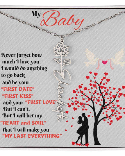 polished stainless-steel flower name necklace in soft box