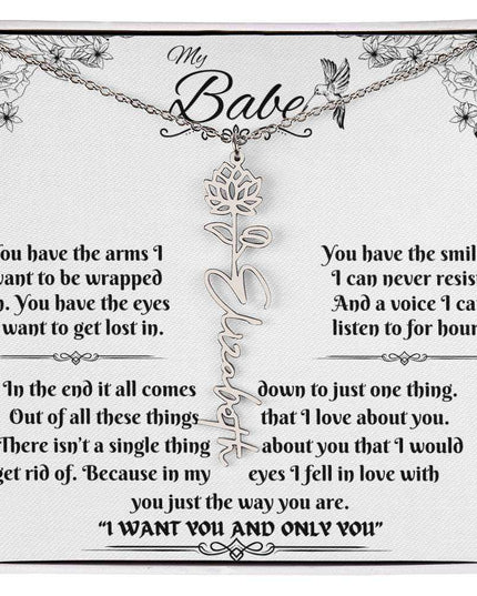 polished stainless-steel flower name necklace in soft box