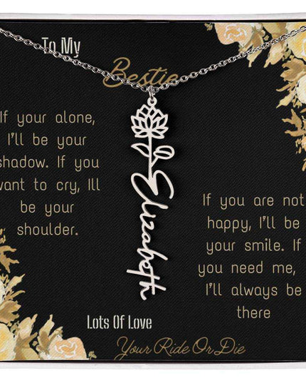 birth flower name necklace with greeting card to bestie in two tone box in polished stainless steel