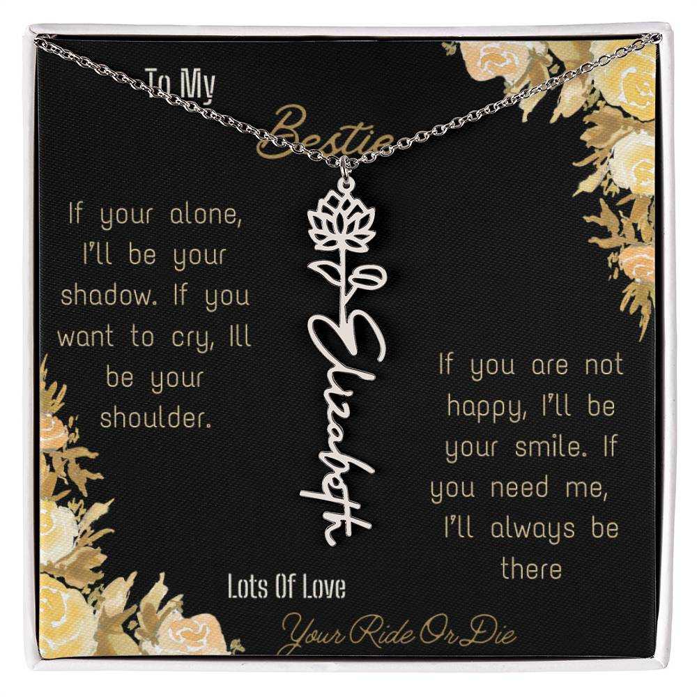 birth flower name necklace with greeting card to bestie in two tone box in polished stainless steel