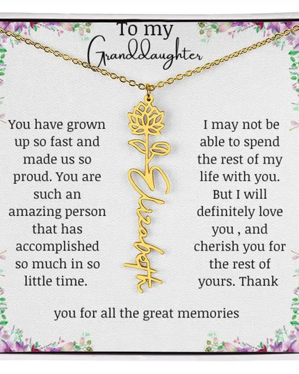 a yellow gold finish July birth flower name necklace.