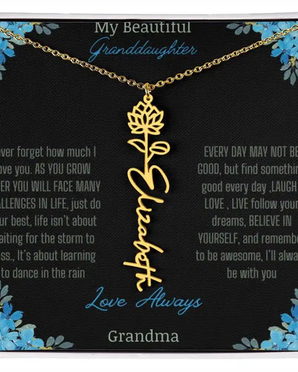 Birth Flower Name Necklace on a to granddaughter from grandma greeting card close up of a