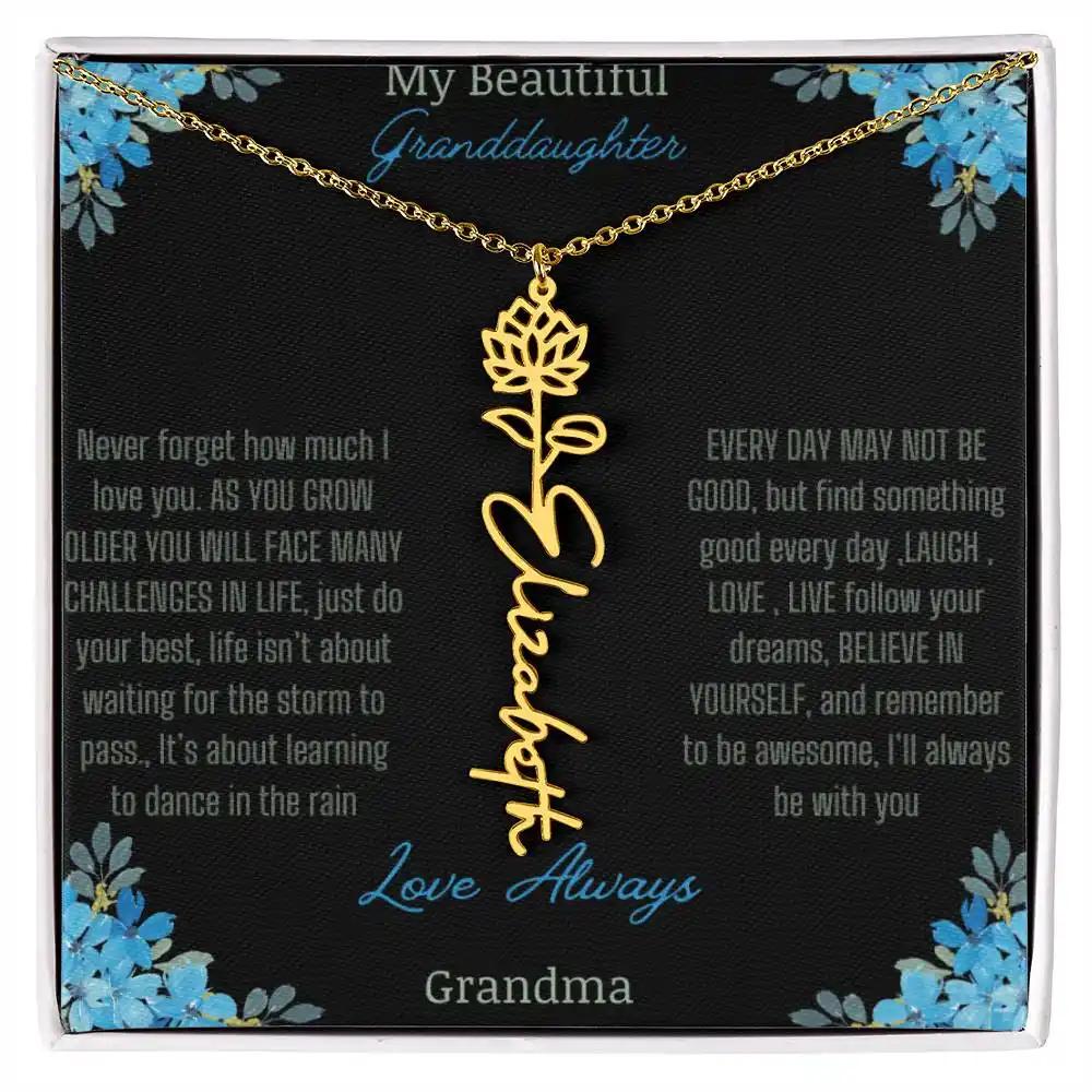 Birth Flower Name Necklace on a to granddaughter from grandma greeting card close up of a