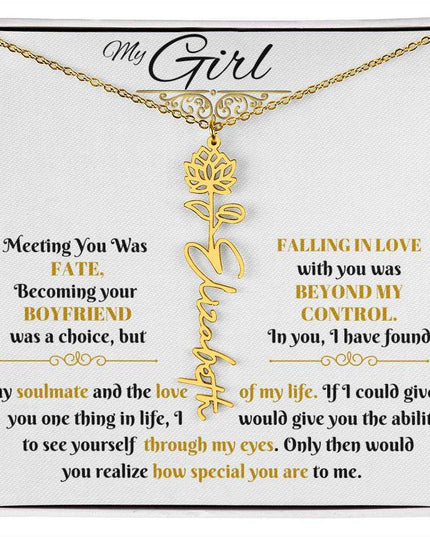 gold flower name necklace in soft box