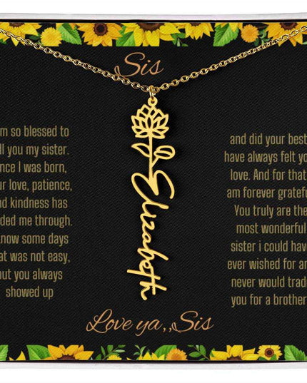 Birth Flower Name Necklace with a yellow gold variant of a flower on a To Sis from Sis message card up close