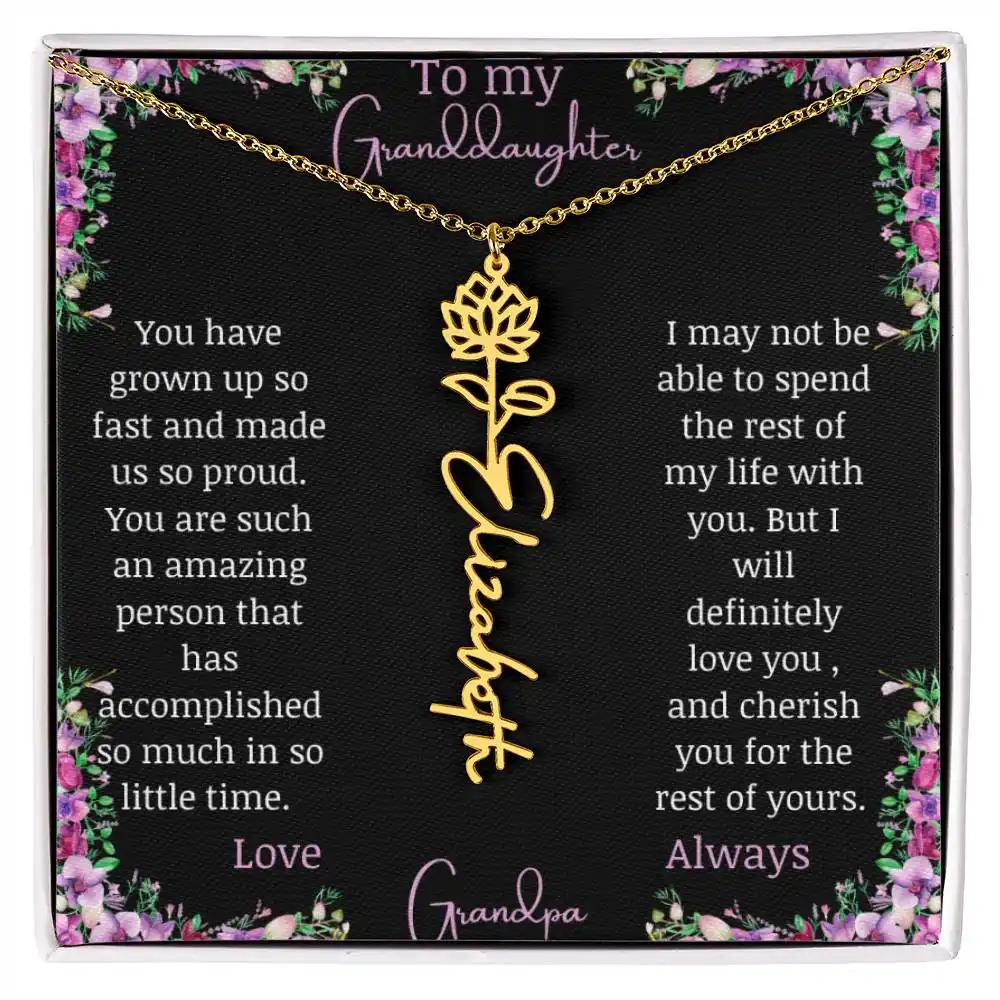 Birth Flower Name Necklace with a to granddaughter from grandpa greeting card and a flower charm.