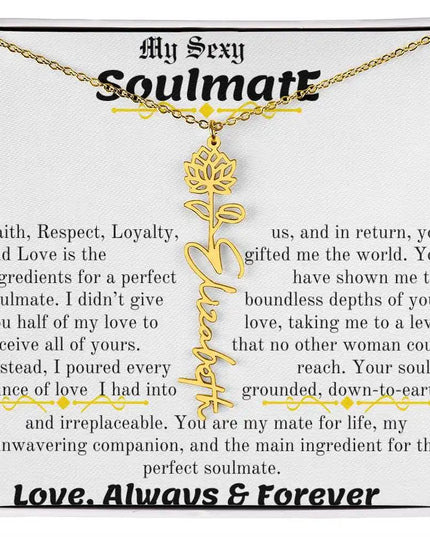 a birth flower name necklace in yellow gold for July.