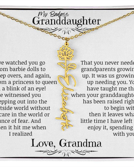 a yellow gold flower name necklace for July.