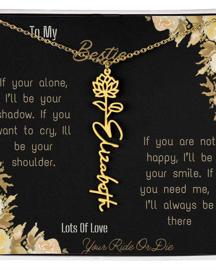 birth flower name necklace with greeting card to bestie in two tone box in yellow gold