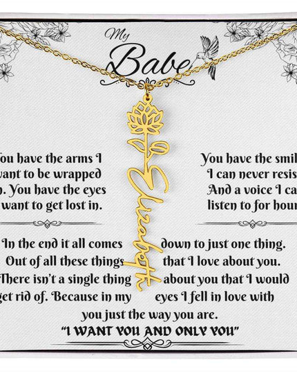 gold flower name necklace in soft box