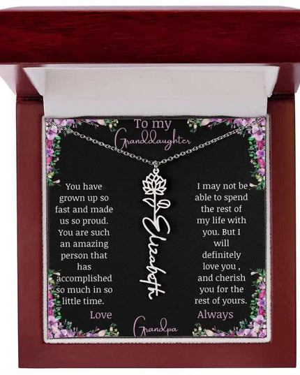 Birth Flower Name Necklace with a to granddaughter from grandpa greeting card and a flower charm.