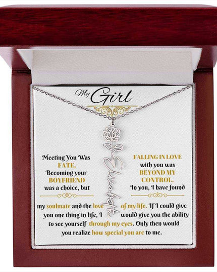 polished stainless-steel flower name necklace in luxury box