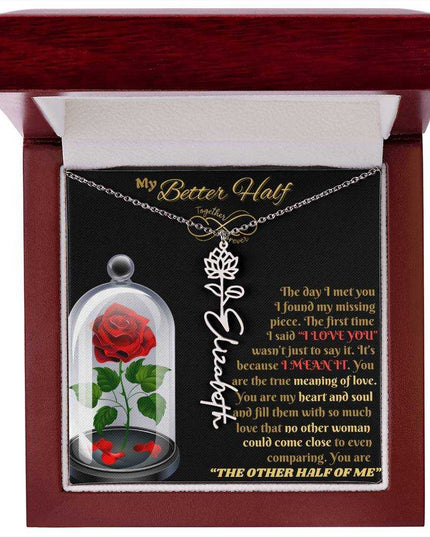 polished stainless steel flower name necklace in luxury box