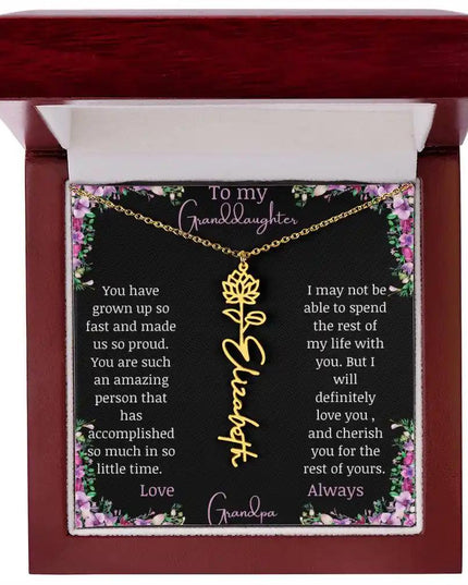 Birth Flower Name Necklace with a to granddaughter from grandpa greeting card and a flower charm.