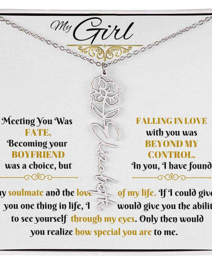 polished stainless-steel flower name necklace in soft box