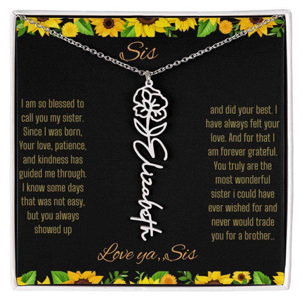 Birth Flower Name Necklace with a polished stainless-steel variant of a flower on a To Sis from Sis message card up close