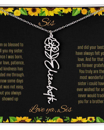 Birth Flower Name Necklace with a polished stainless-steel variant of a flower on a To Sis from Sis message card up close