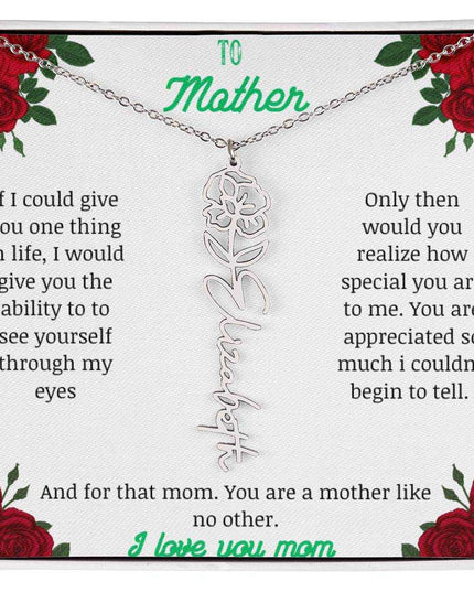 flower name necklace with white gold variant to mother message card in standard box