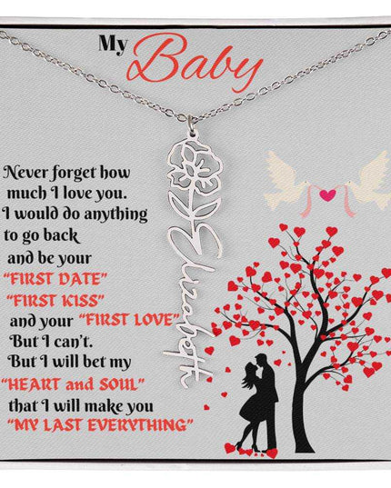 polished stainless-steel flower name necklace in soft box
