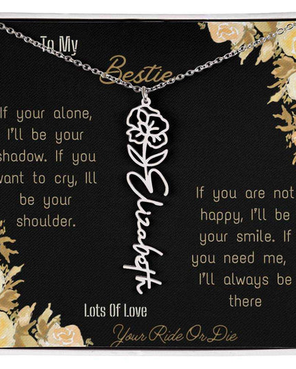 birth flower name necklace with greeting card to bestie in two tone box in polished stainless steel