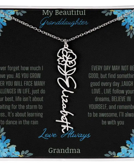 Birth Flower Name Necklace on a to granddaughter from grandma greeting card close up of a
