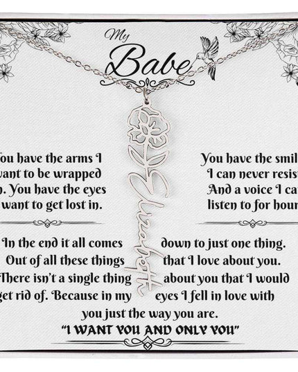 polished stainless-steel flower name necklace in soft box