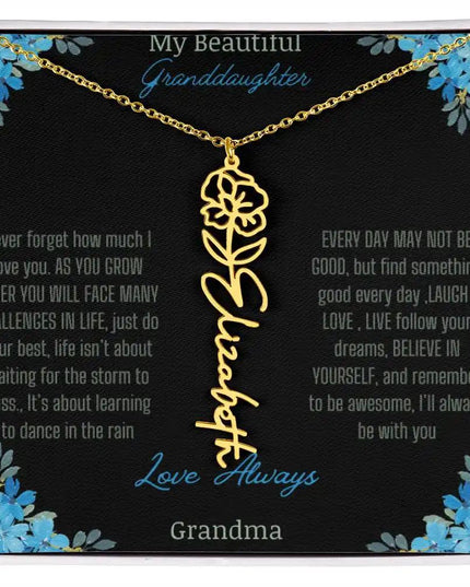 Birth Flower Name Necklace on a to granddaughter from grandma greeting card close up of a