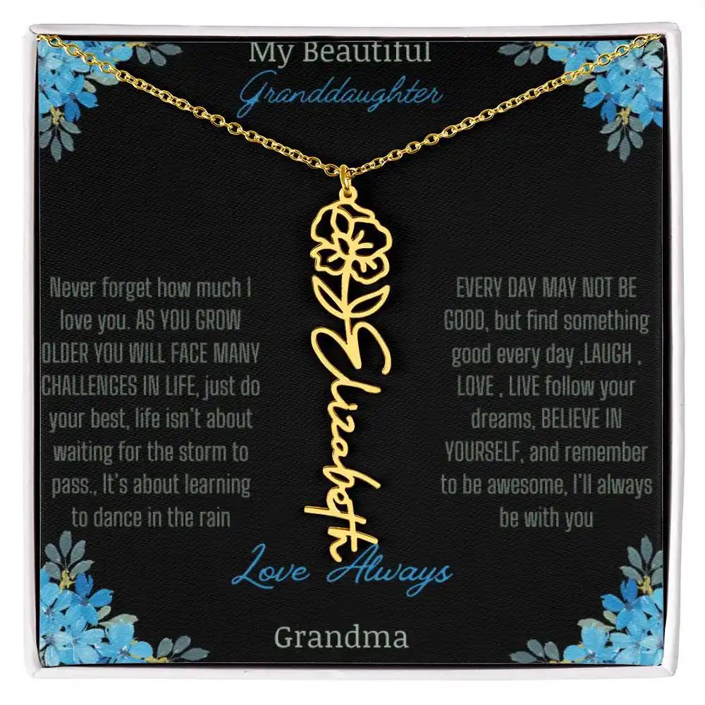 Birth Flower Name Necklace on a to granddaughter from grandma greeting card close up of a