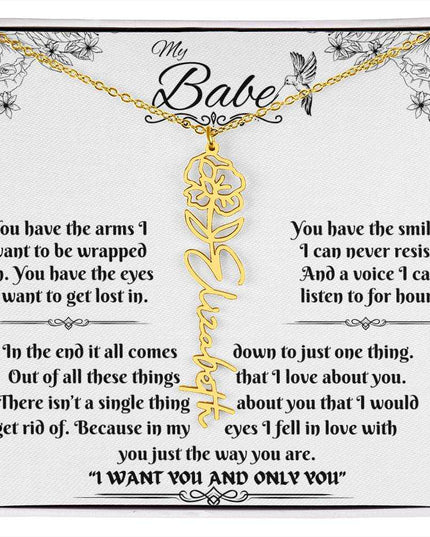 gold flower name necklace in soft box