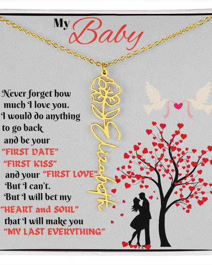gold flower name necklace in soft box