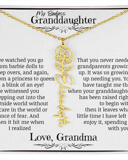 a yellow gold flower name necklace for August