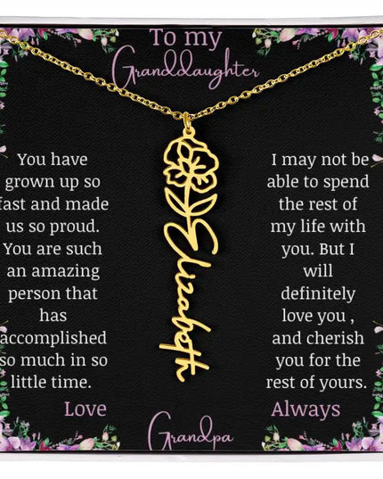 Birth Flower Name Necklace with a to granddaughter from grandpa greeting card and a flower charm.