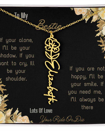 birth flower name necklace with greeting card to bestie in two tone box in yellow gold