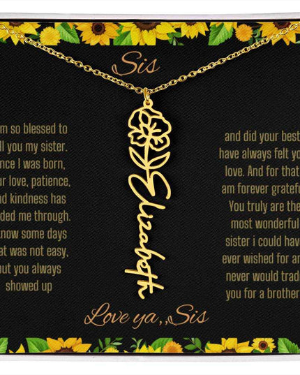 Birth Flower Name Necklace with a yellow gold variant of a flower on a To Sis from Sis message card up close