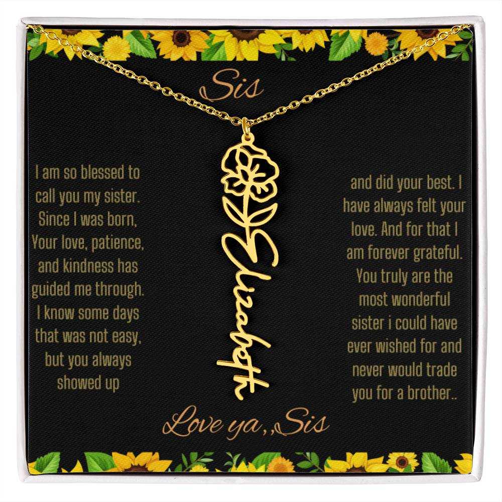 Birth Flower Name Necklace with a yellow gold variant of a flower on a To Sis from Sis message card up close