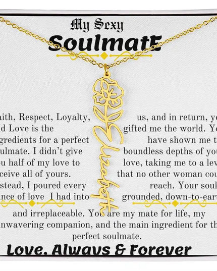 a birth flower name necklace in yellow gold for August.