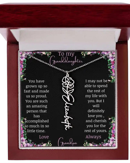 Birth Flower Name Necklace with a to granddaughter from grandpa greeting card and a flower charm.