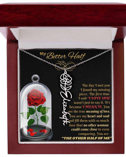 polished stainless steel flower name necklace in luxury box