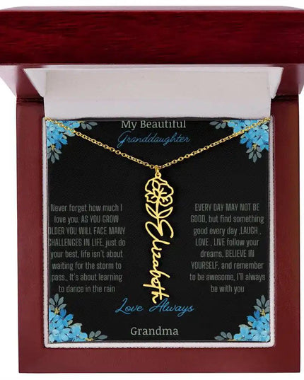 Birth Flower Name Necklace on a to granddaughter from grandma greeting card close up of a