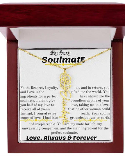 a birth flower name necklace in yellow gold for August in a mahogany box.