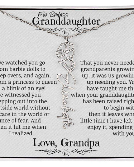 a polished stainless-steel flower name necklace.