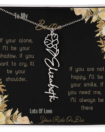 birth flower name necklace with greeting card to bestie in two tone box in polished stainless steel