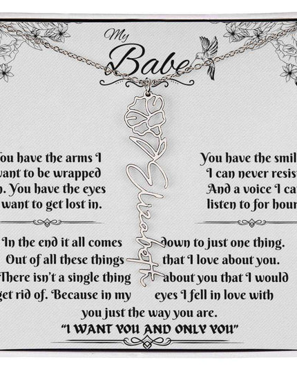 polished stainless-steel flower name necklace in soft box