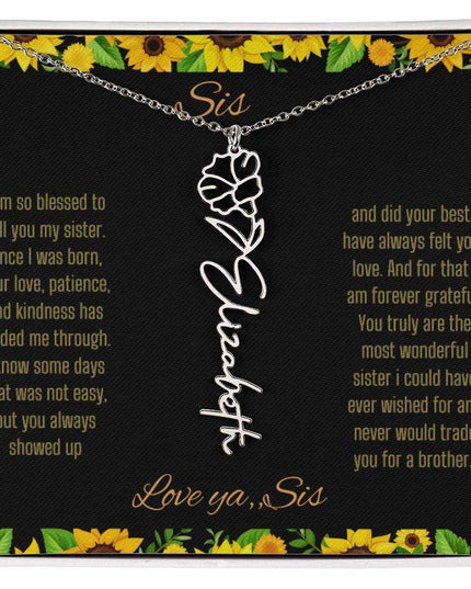Birth Flower Name Necklace with a polished stainless-steel variant of a flower on a To Sis from Sis message card up close