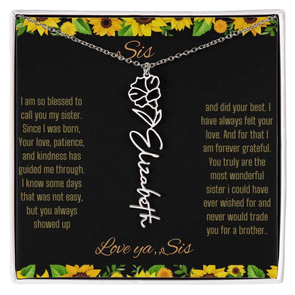 Birth Flower Name Necklace with a polished stainless-steel variant of a flower on a To Sis from Sis message card up close