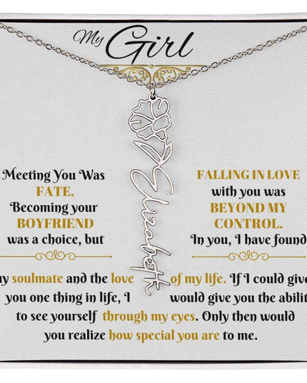 polished stainless-steel flower name necklace in soft box