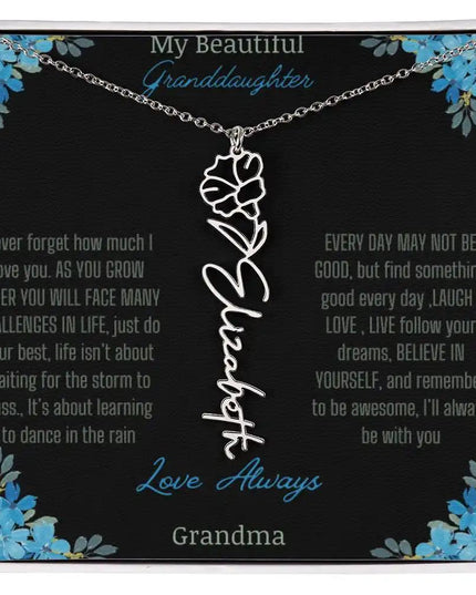 Birth Flower Name Necklace on a to granddaughter from grandma greeting card close up of a