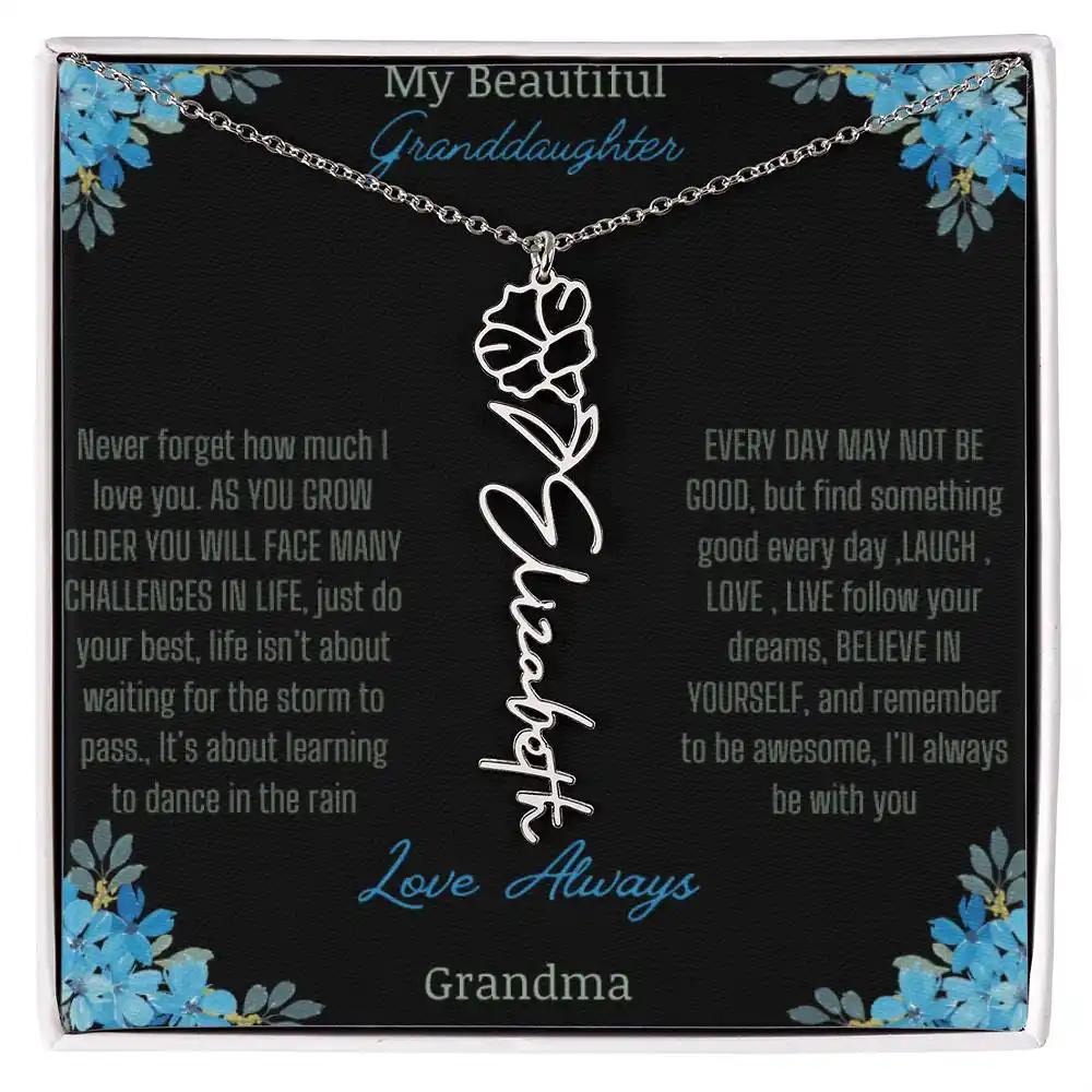 Birth Flower Name Necklace on a to granddaughter from grandma greeting card close up of a