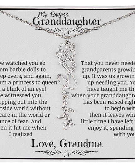 a polished stainless-steel flower name necklace for September.