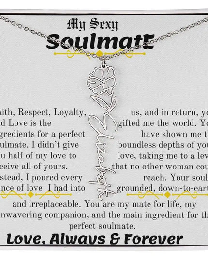 a birth flower name necklace in polished stainless steel for September.
